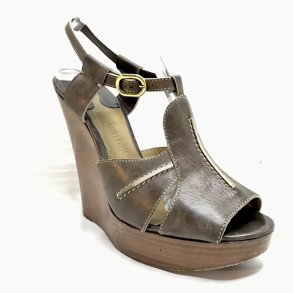 CHLOE Wedge Sandals Brown T-strap